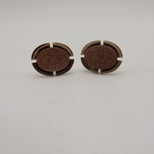 Vintage Gold Tone Oval Stone Cufflinks Mens Formal Wear Accessory